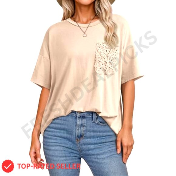 Oversized Lace Pocket T-Shirt Boho Chic Summer Top Soft Stretchy Material - Picture 2 of 4